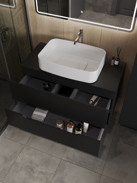 Тумба с раковиной подвесная 100 см, Orange Line Li-100TubMDF+B07-600W черный/белый