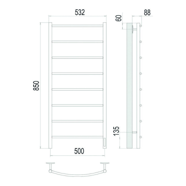 Полотенцесушитель электрический Terminus Классик подключение справа (500х850) П8 4670078561411 сатин