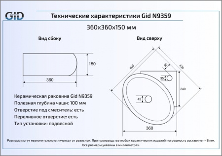 Раковина подвесная (36х36) Gid N9359