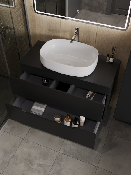 Тумба с раковиной подвесная 100 см, Orange Line Li-100TubMDF+B08-600W черный/белый