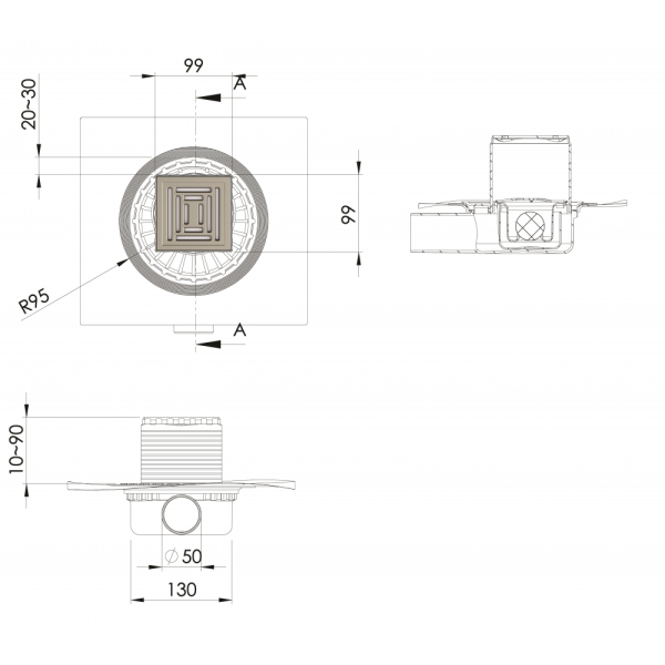 Душевой трап (10х10) Berges Wasserhaus ZENTRUM Uno 090371 хром матовый
