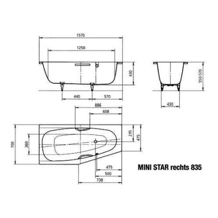 Стальная ванна (157х70) Kaldewei Mini Star R 835 Standard 224500010001