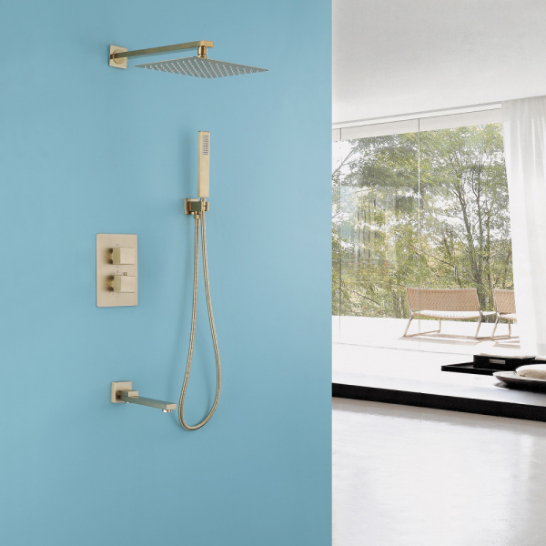 Душевой комплект ABBER Daheim AF8250G скрытого монтажа с изливом, термостат, золото матовое
