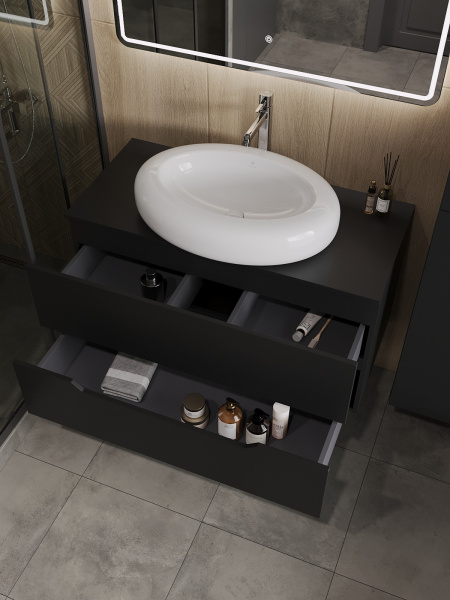 Тумба с раковиной подвесная 100 см, Orange Line Li-100TubMDF+B08-640W черный/белый