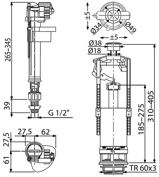Выпускной комплект со стоп кнопкой AlcaPlast SA2000S 1/2" CHROM