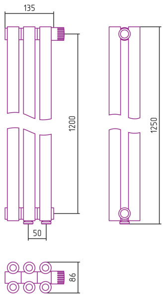 Полотенцесушитель Водяной Сунержа Эстет-00 EU50 (120х13) 3 секции Матовый Черный 31-0322-1203