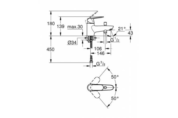Смеситель для ванны GROHE BauEdge, монтаж на бортик, 23562 000 (23562000)