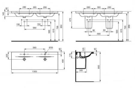 Раковина двойная Ideal Standard Connect Vanity E813601 (1300x490 мм)