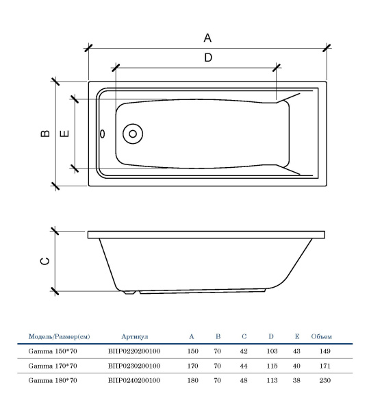 Акриловая ванна прямоугольная (170х70) Alba Spa GAMMA ВПР0230200100