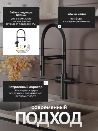 Смеситель для кухни однорычажный с каналом для питьевой воды и гибким изливом Agger Elegant A3252544 черный матовый