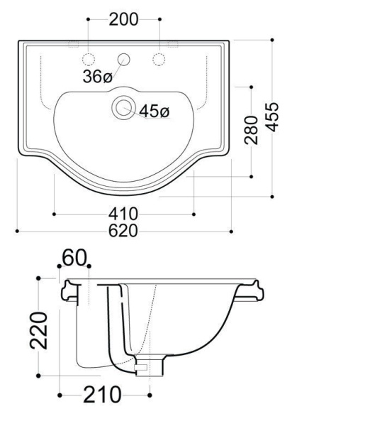 Раковина встраиваемая сверху (62х42,5) Kerasan Retro 103001*3, 3 отверстия под смеситель