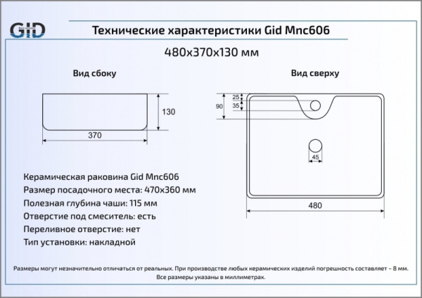 Раковина накладная (48х37) Gid Mnc606