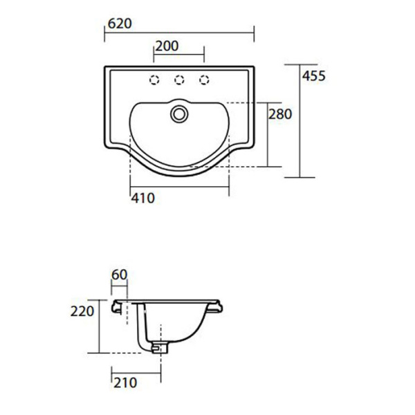 Раковина встраиваемая сверху (62х42,5) Kerasan Retro 103001*0, без отверстии под смеситель