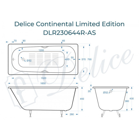 Ванна чугунная (165х70) Delice Continental Limited Edition DLR230644R-AS с отверстиями под ручки