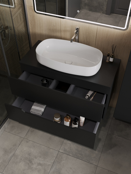 Тумба с раковиной подвесная 100 см, Orange Line Li-100TubMDF+B07-675W черный/белый