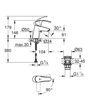 Смеситель для раковины с донным клапаном Grohe Eurosmart 23924 002 (23924002) хром 