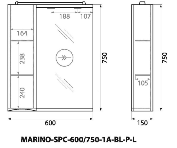 Зеркало-шкаф BelBagno MARINO-SPC-600/750-1A-BL-P-L Bianco Lucido