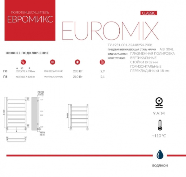Полотенцесушитель водяной Terminus ЕВРОМИКС 32/18 П6 Полотенцесушитель водяной Terminus ЕВРОМИКС 32/18 П6