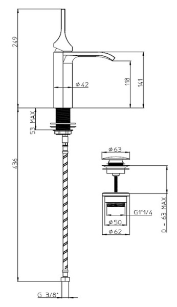 Однорычажный смеситель для раковины BOSSINI Apice E89603.073 249 мм, с донным клапаном, четный 