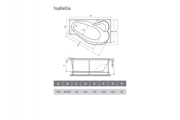 Акриловая ванна (170х90) Relisan Isabella Гл000010530 Акриловая ванна (170х90) Relisan Isabella Гл000010530