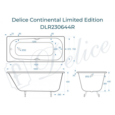 Ванна чугунная (165х70) Delice Continental Limited Edition DLR230644R с отверстиями под ручки
