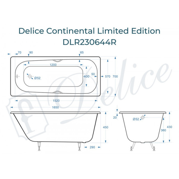 Ванна чугунная (165х70) Delice Continental Limited Edition DLR230644R с отверстиями под ручки Ванна чугунная (165х70) Delice Continental Limited Edition DLR230644R с отверстиями под ручки