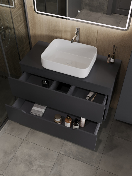 Тумба с раковиной подвесная 100 см, Orange Line Li-100TugMDF+B05-500W графит/белый