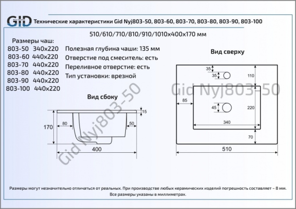 Раковина встраиваемая сверху (61х40) Gid NYJ803-60