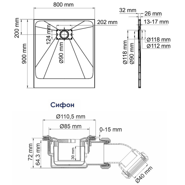 Душевой поддон WasserKRAFT Main 90x80 41T20