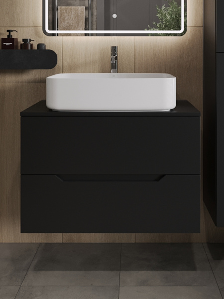 Тумба с раковиной подвесная 80 см, Orange Line Li-80TubMDF+B07-600W черный/белый