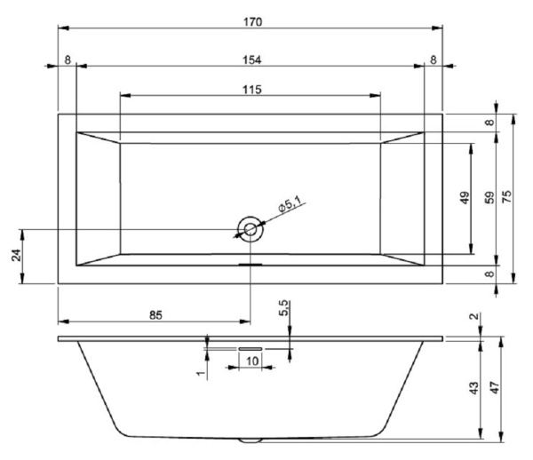 Акриловая ванна Riho Rething Cubic (170 x 75) B105001005 Акриловая ванна Riho Rething Cubic (170 x 75) B105001005