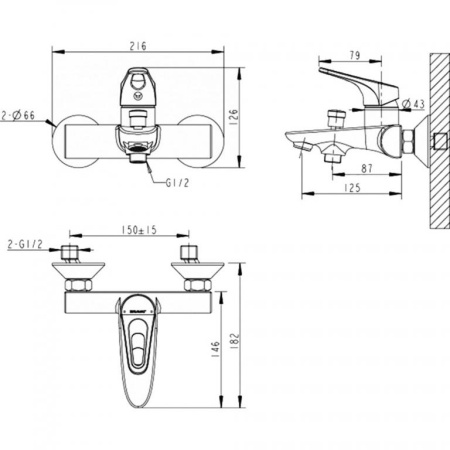 Смеситель для ванны с коротким изливом  Bravat Drop-D F648162C-B-RUS