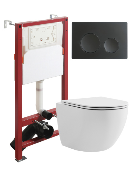 Комплект унитаза с инсталляцией безободковый Agger ATI03100+APB144 кнопка смыва черный