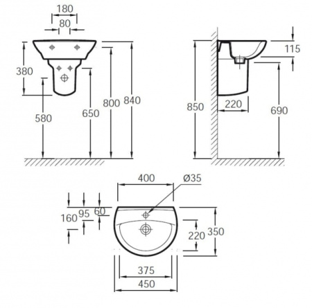 Раковина пордвесная (45х35) Jacob Delafon Patio E4144-00
