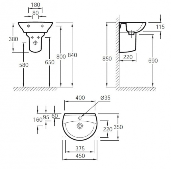 Раковина пордвесная (45х35) Jacob Delafon Patio E4144-00 Раковина пордвесная (45х35) Jacob Delafon Patio E4144-00