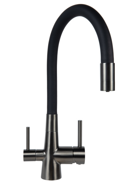 Смеситель для кухни однорычажный с каналом для питьевой воды и гибким изливом Agger Elegant A3230355 оружейная сталь матовая