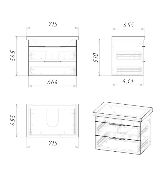 Тумба подвесная Grossman ФОРТА-70 см 1070032 с 2-я ящ, темный дуб