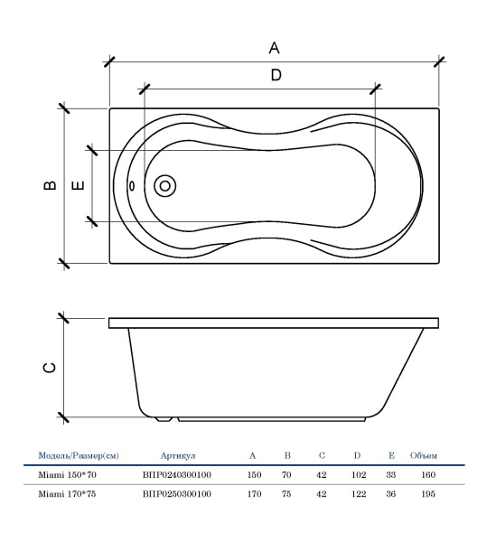 Акриловая ванна прямоугольная (170х75) Alba Spa MIAMI ВПР0250300100