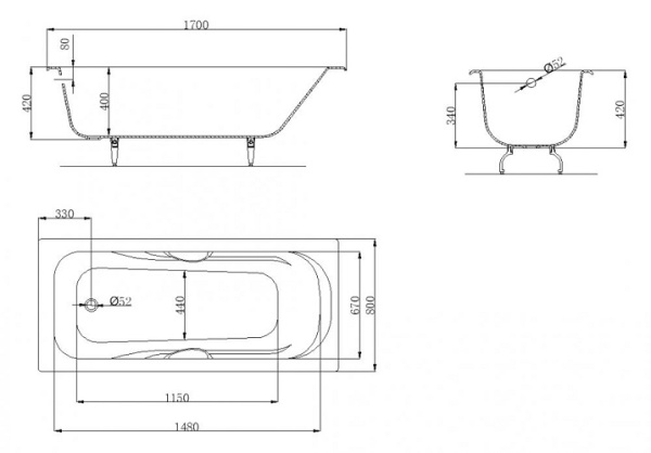 Ванна чугунная OWL 1975 Strand 170х80 с ножками и ручками, OWLIB191110