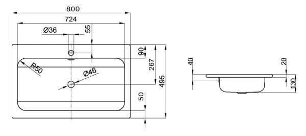 Раковина встраиваемая снизу (80х49,5) Bette Comodo A139-000