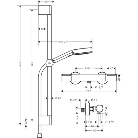 Термостат для душа с душевым гарнитуром Hansgrohe Pulsify Select S 105 3jet Relaxation EcoSmart Ecostat Element 24272000 хром