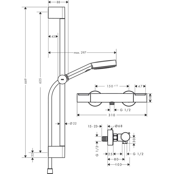 Термостат для душа с душевым гарнитуром Hansgrohe Pulsify Select S 105 3jet Relaxation EcoSmart Ecostat Element 24272000 хром