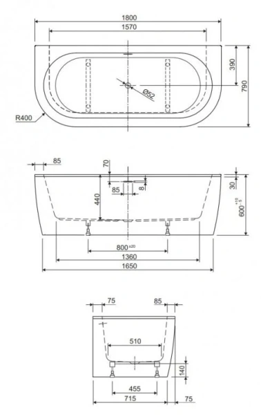 Акриловая ванна (180х80) CEZARES SLIM SLIM WALL-180-80-44-W37 Акриловая ванна (180х80) CEZARES SLIM SLIM WALL-180-80-44-W37