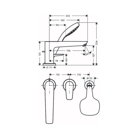 Смеситель на борт ванны 3 отверстия Hansgrohe Talis E 71731000 хром
