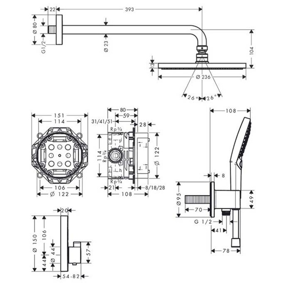 Душевой комплект с термостатом Hansgrohe Raindance S 240 1jet PowderRain 27951000 хром