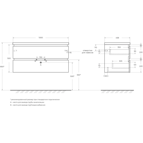 Тумба под раковину Cezares PLANE-1000-2C-SO-BL Bianco Lucido