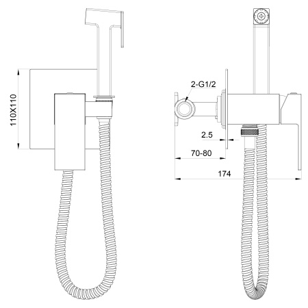 Смеситель с гигиеническим душем встраиваемый WONZON & WOGHAND CUBE, темный графит WW-88829016-BGM