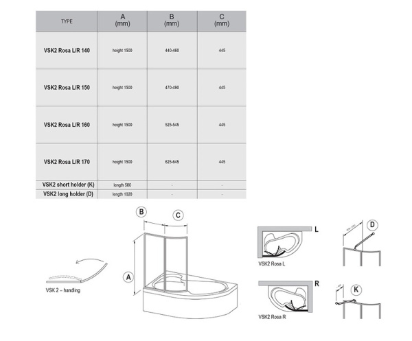 Шторка на ванну Ravak Supernova VSK2 Rosa 170 R 76PB0100Z1