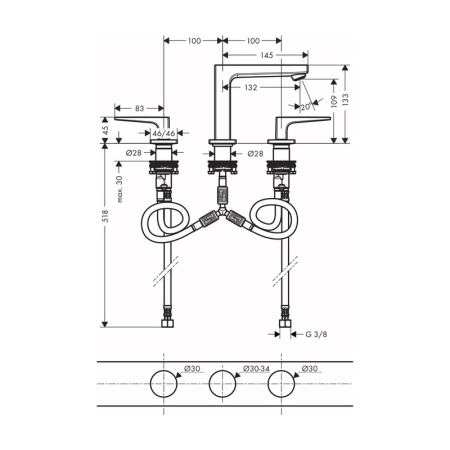 Смеситель для раковины на 3 отверстия с донным клапаном Push-Open Hansgrohe Metropol 32514000 хром
