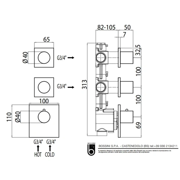 Термостат для ванны на 2-4 потребителя Bossini Outlets Z031203.094 никель шлифованный